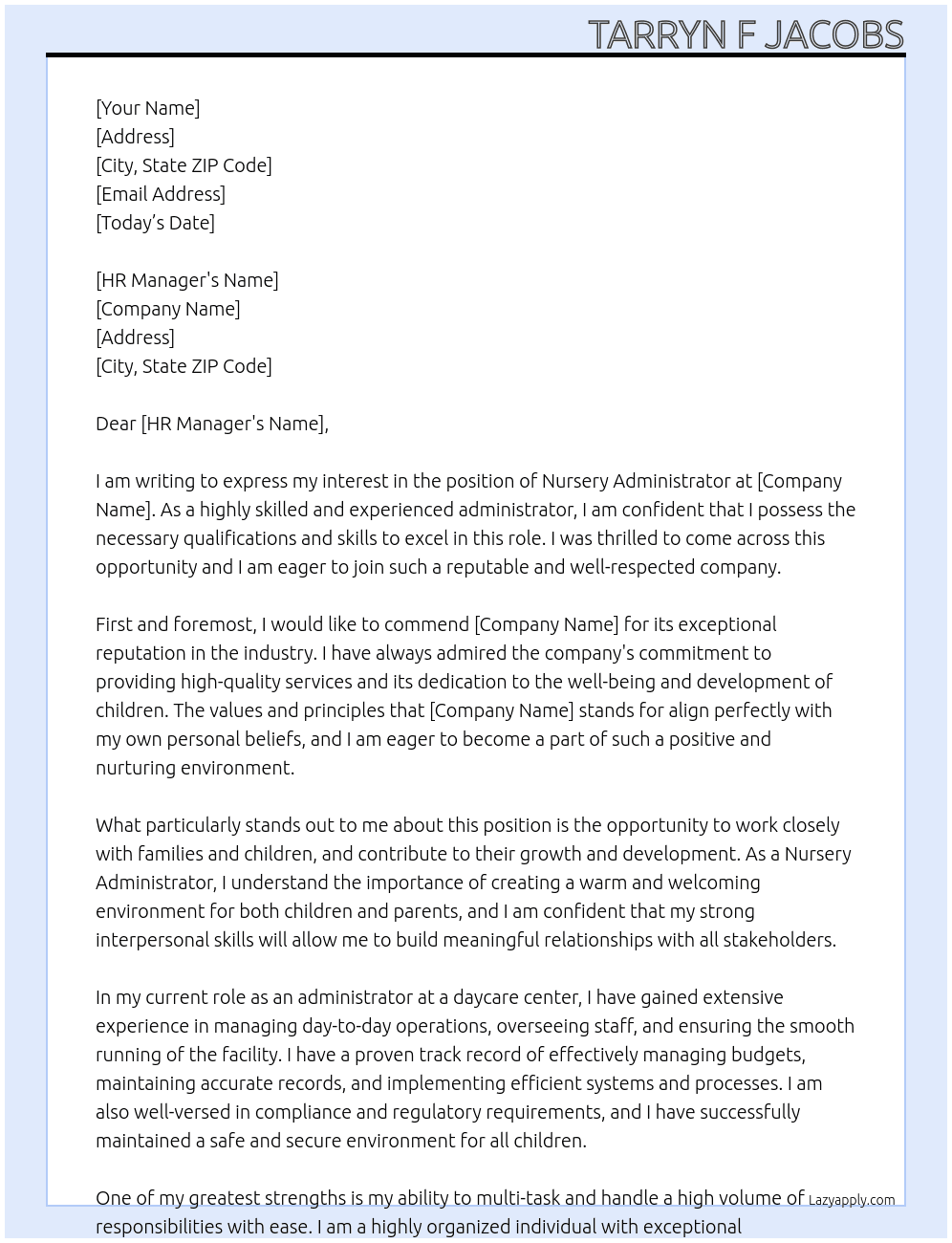 Nursery Administrator  At Administrator  Cover Letter