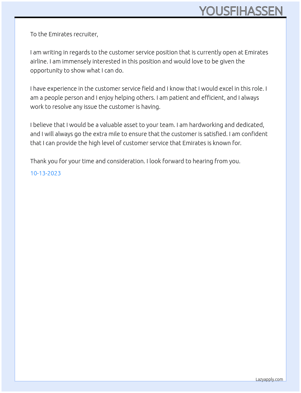 Customer services  At Emirates airline  Cover Letter