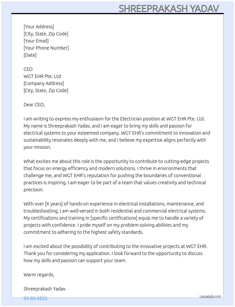 Electrician At WGT EHR pte. Ltd Cover Letter