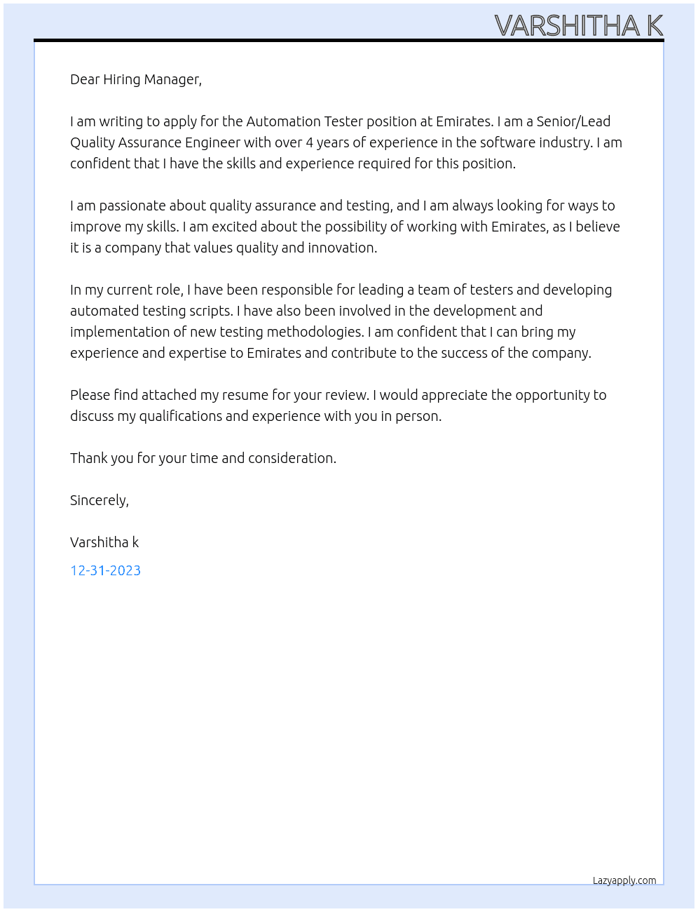 Automation Tester At Senior/ Lead Quality Assurance Engineer Cover Letter