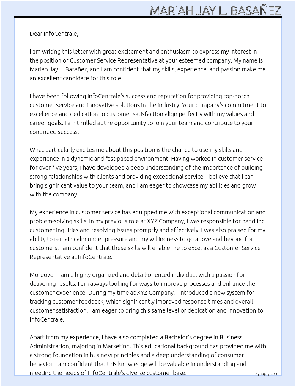 Customer Service Representative At InfoCentrale  Cover Letter
