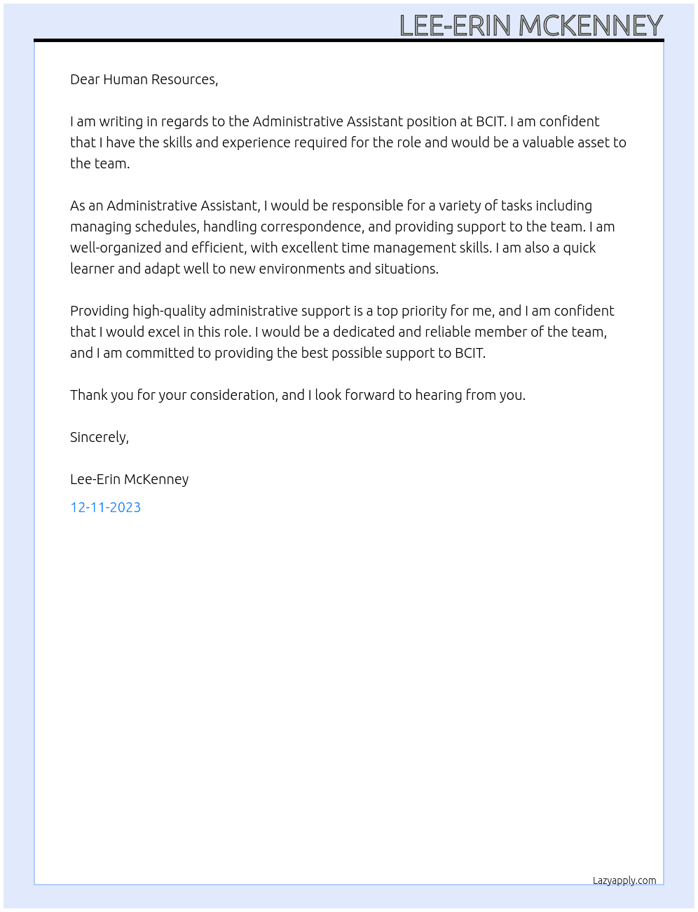Administrative Assistant At BCIT Cover Letter