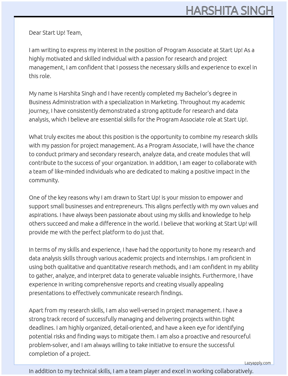 Program Associate At Start Up! Cover Letter