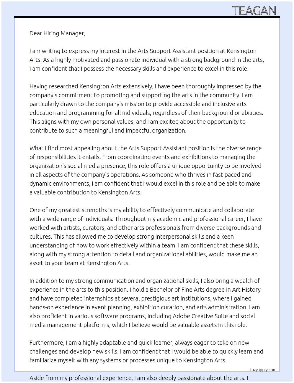 Arts Support Assistant At Kensington Arts  Cover Letter