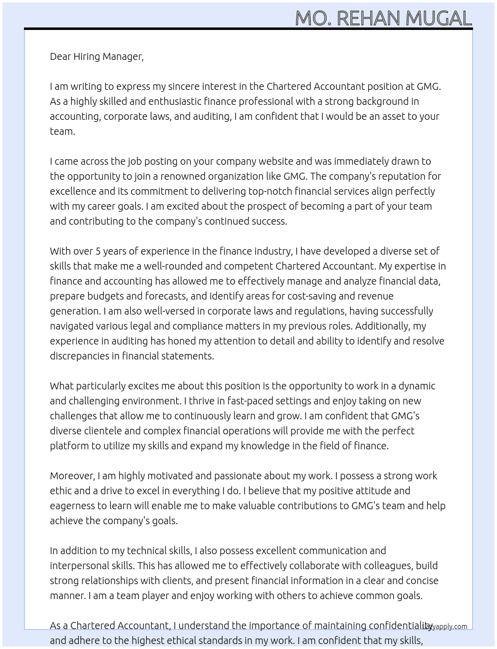 Chartered Accountant  At GMG Cover Letter