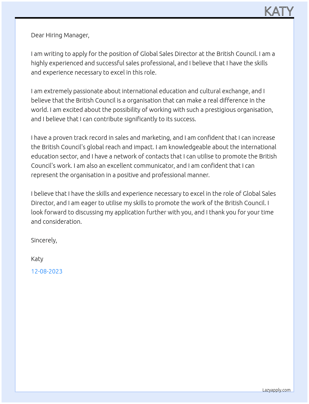 Global Sales Director At BRITISH COUNCIL Cover Letter