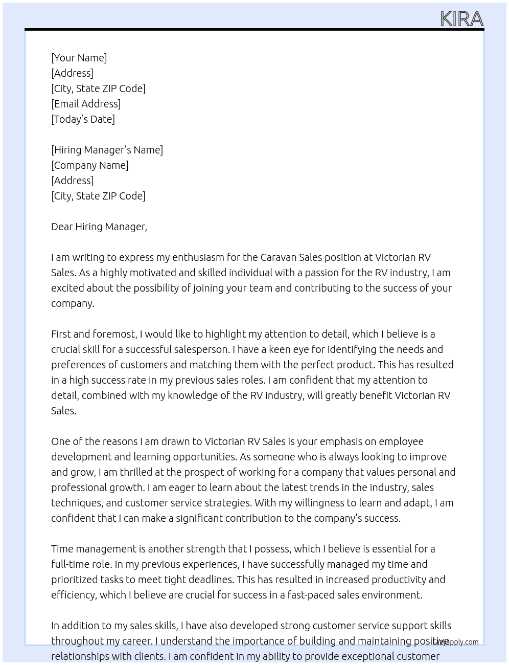 Caravan sales At Victorian RV Sales Cover Letter