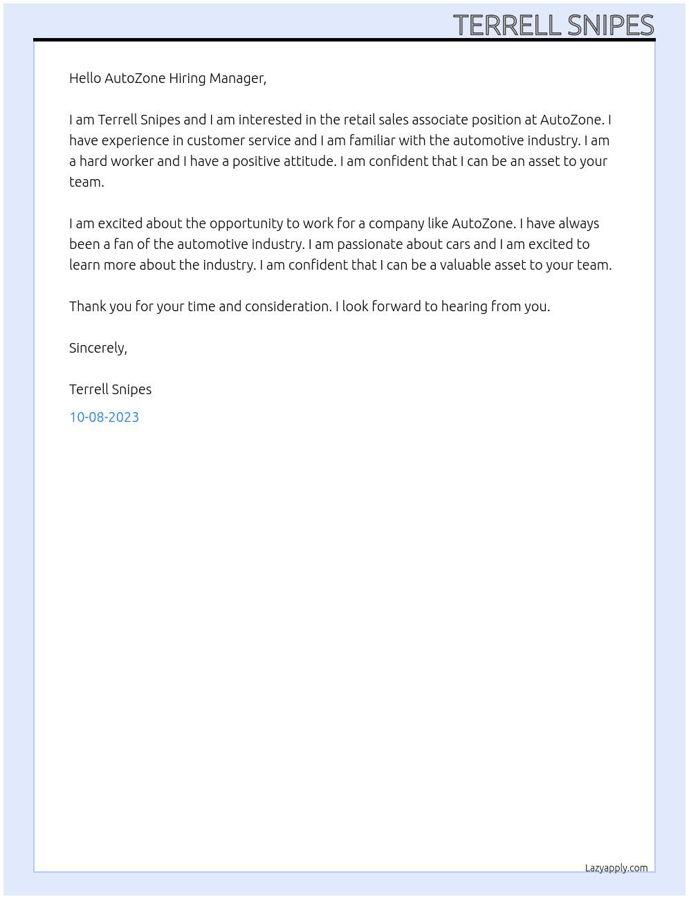 retail sales associate  At Auto zone Cover Letter