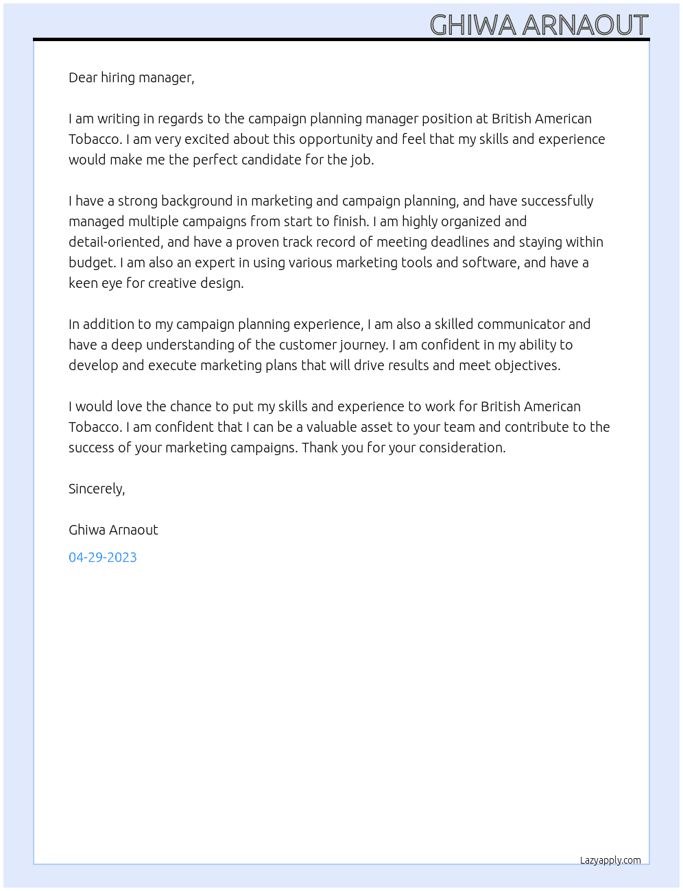 campaign planning manager At British American Tobacco Cover Letter