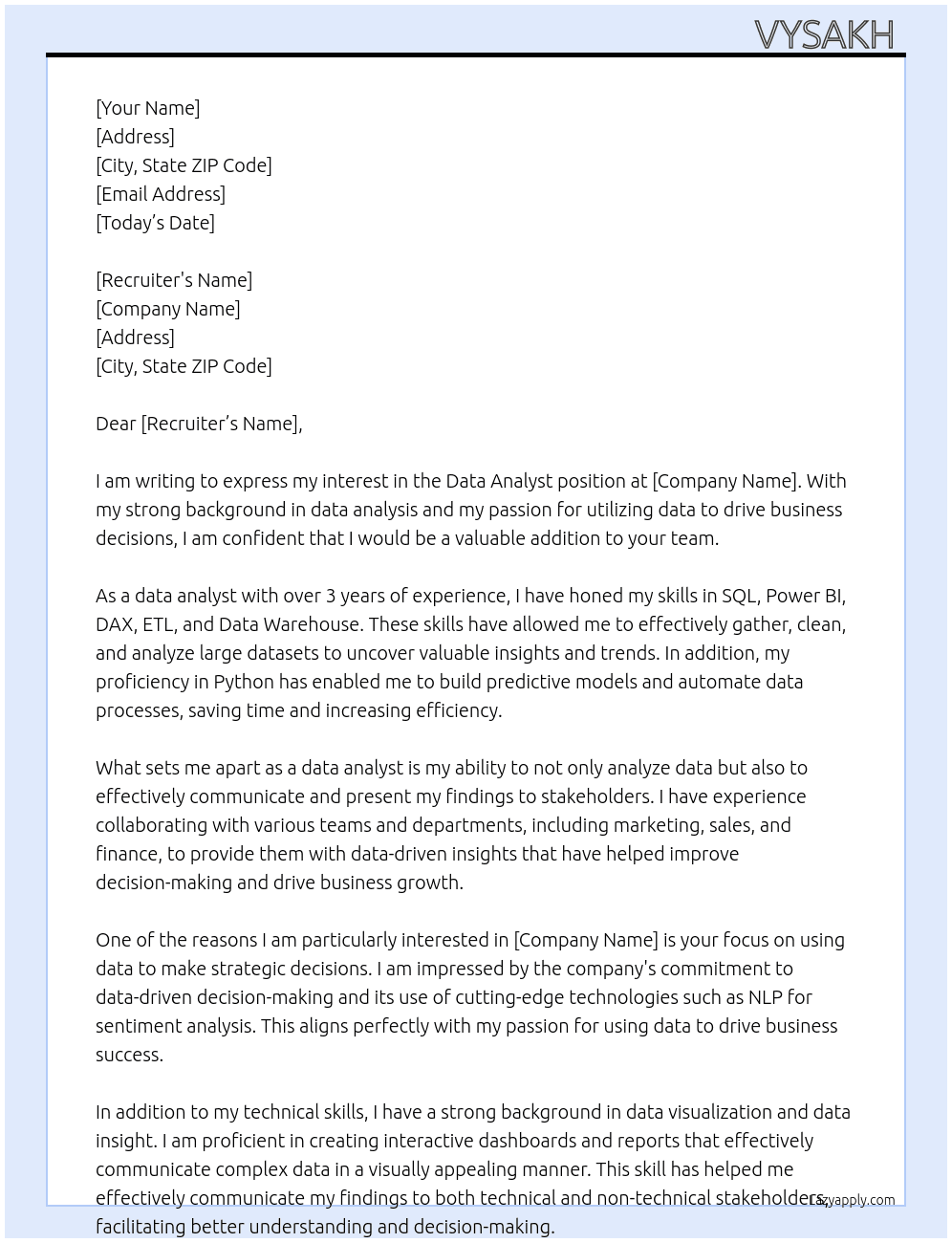 Data analyst  At Unkown  Cover Letter