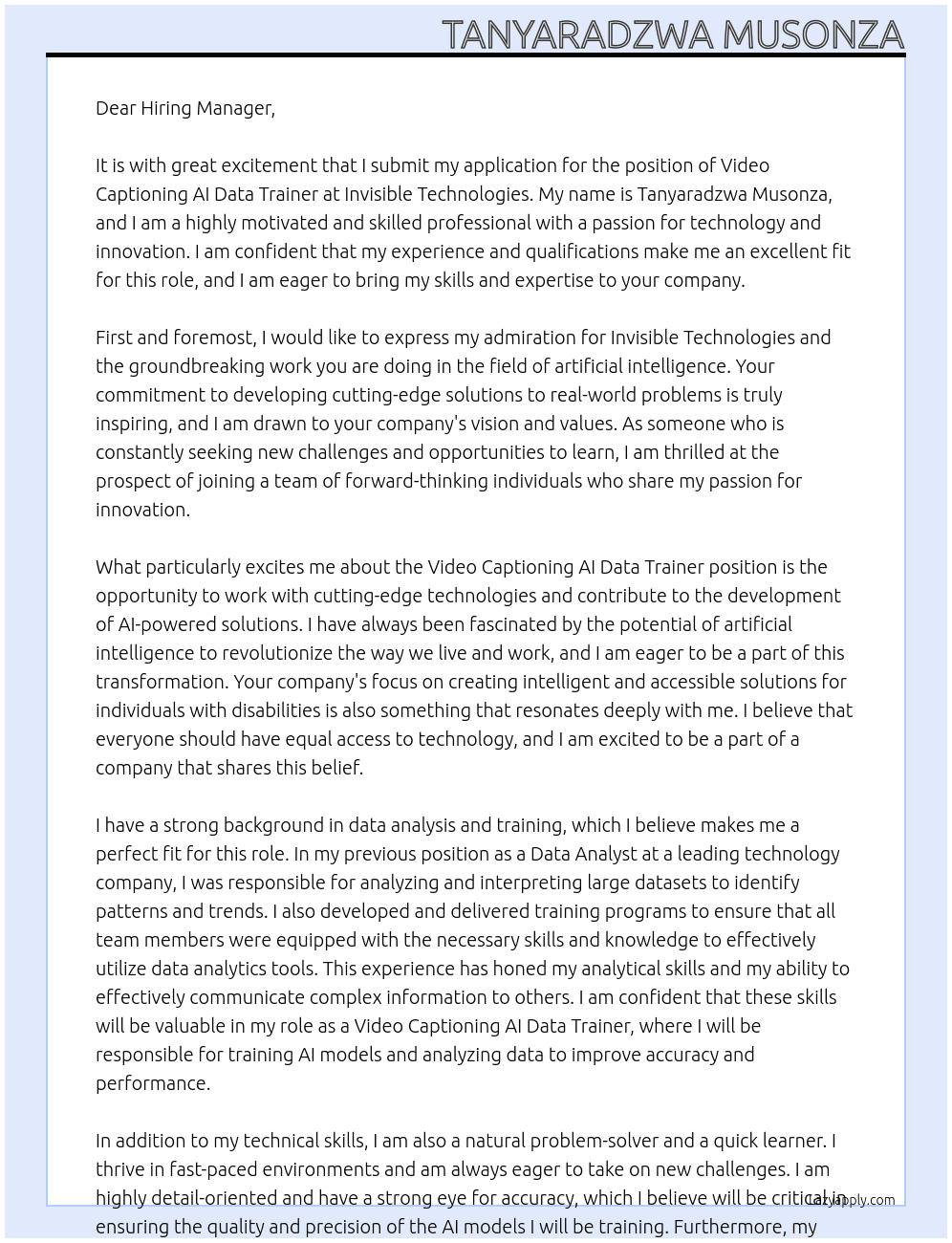 Video Captioning AI Data Trainer At Invisible Technologies Cover Letter