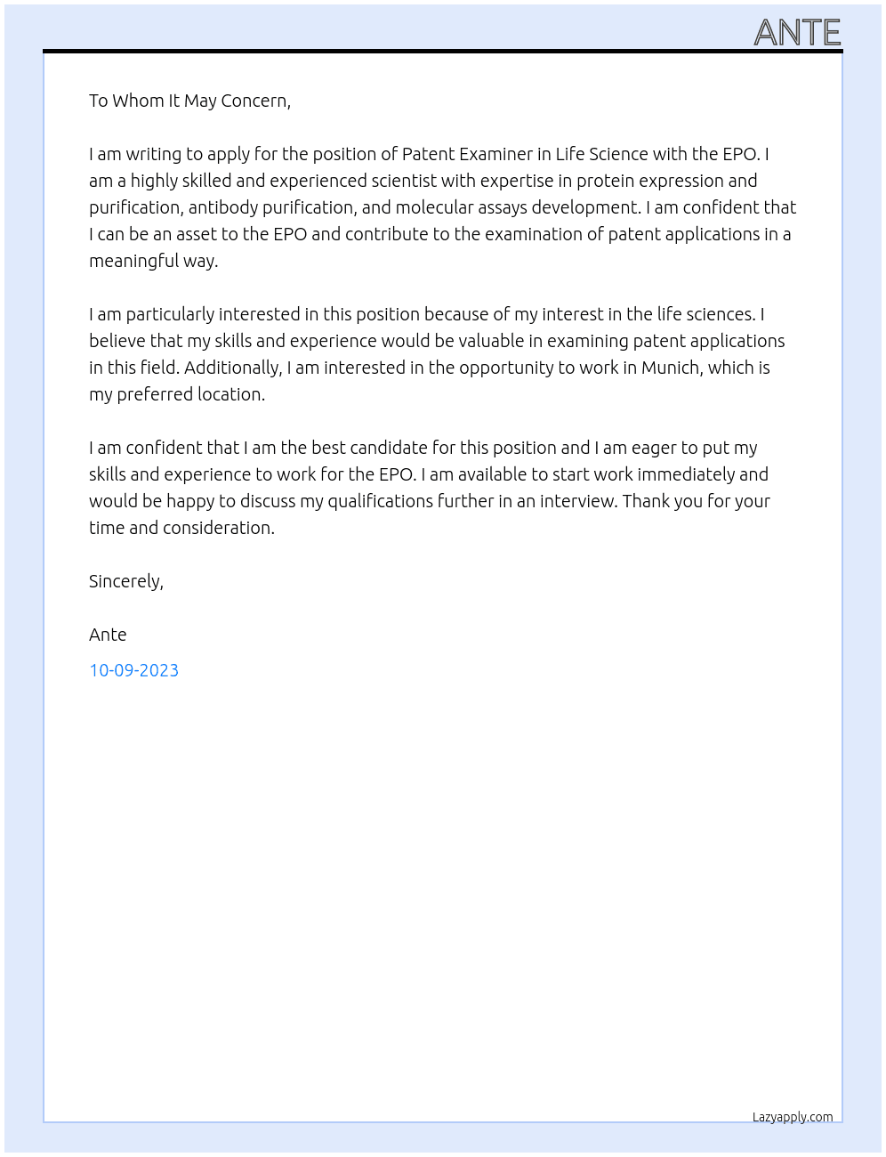 Patent Examiner in Life Science At EPO Cover Letter