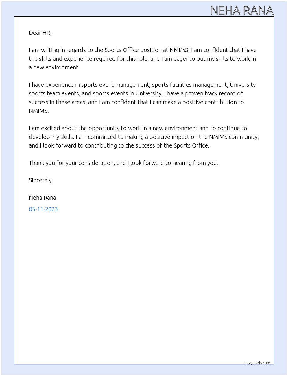 Sports Office  At NMIMS Cover Letter