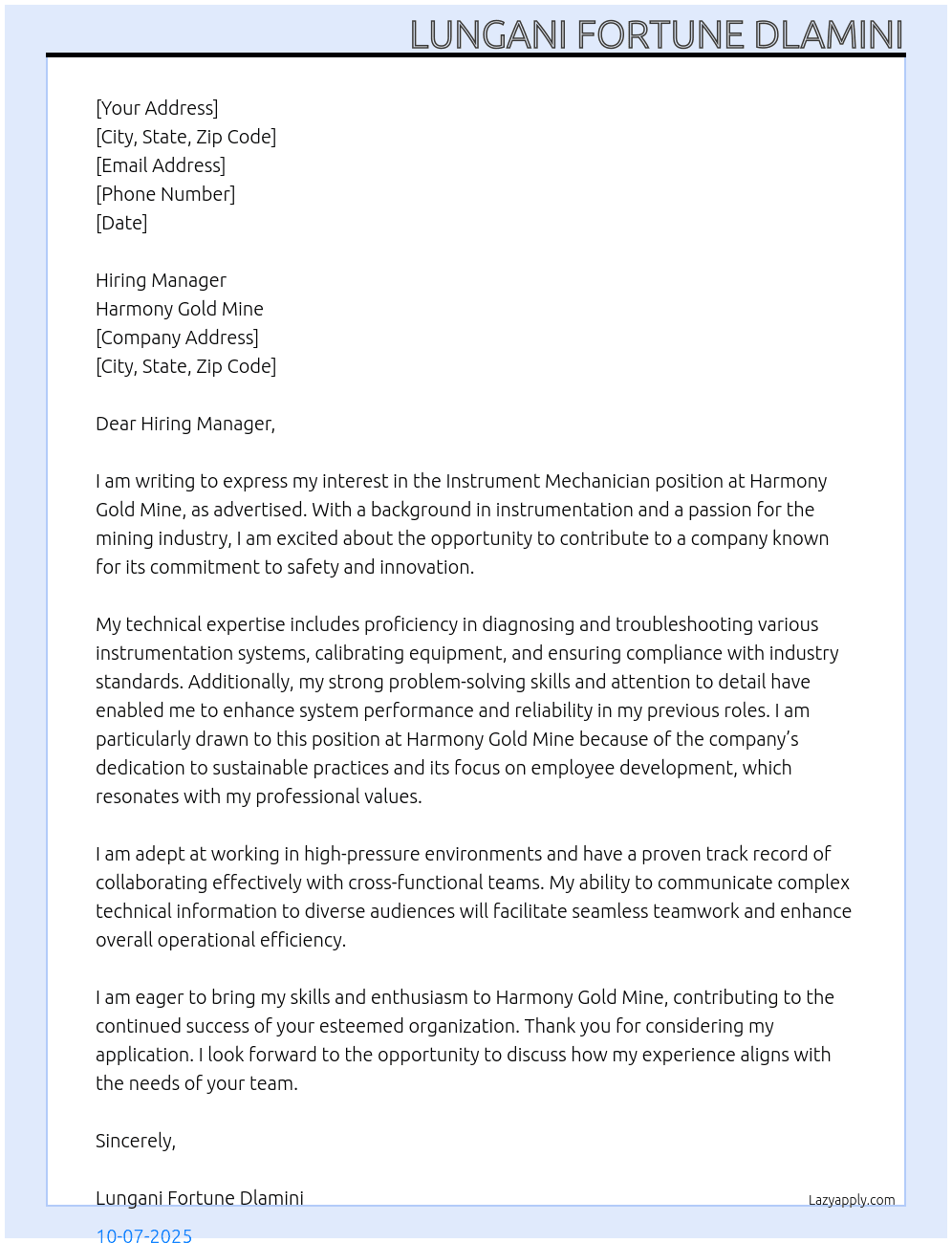 Instrument Mechanician At Harmony Gold Mine Cover Letter