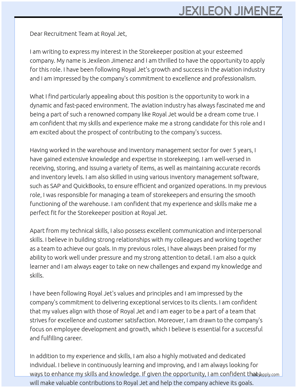 Storekeeper At Royal jet Cover Letter