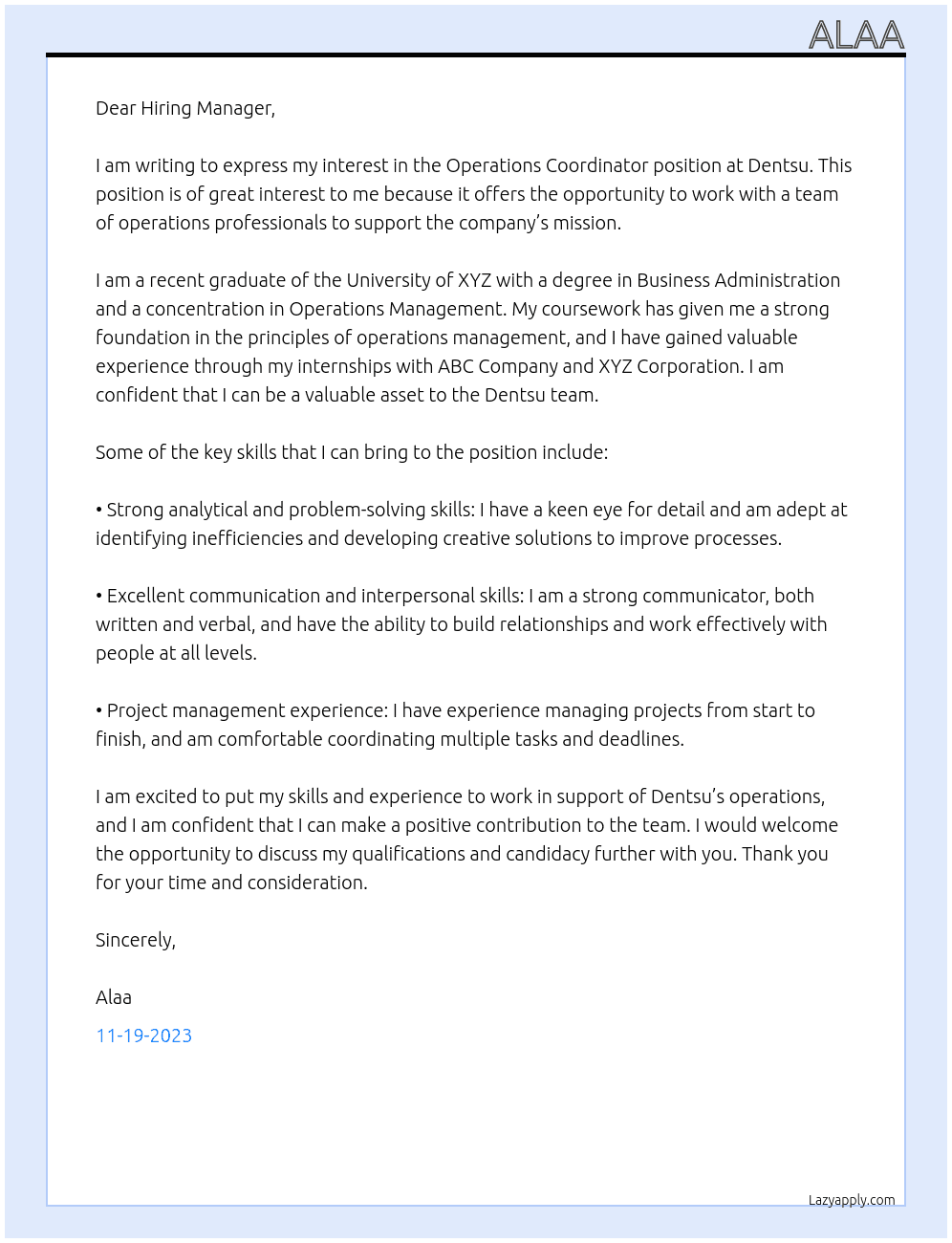 Operations Coordinatror At Dentsu Cover Letter