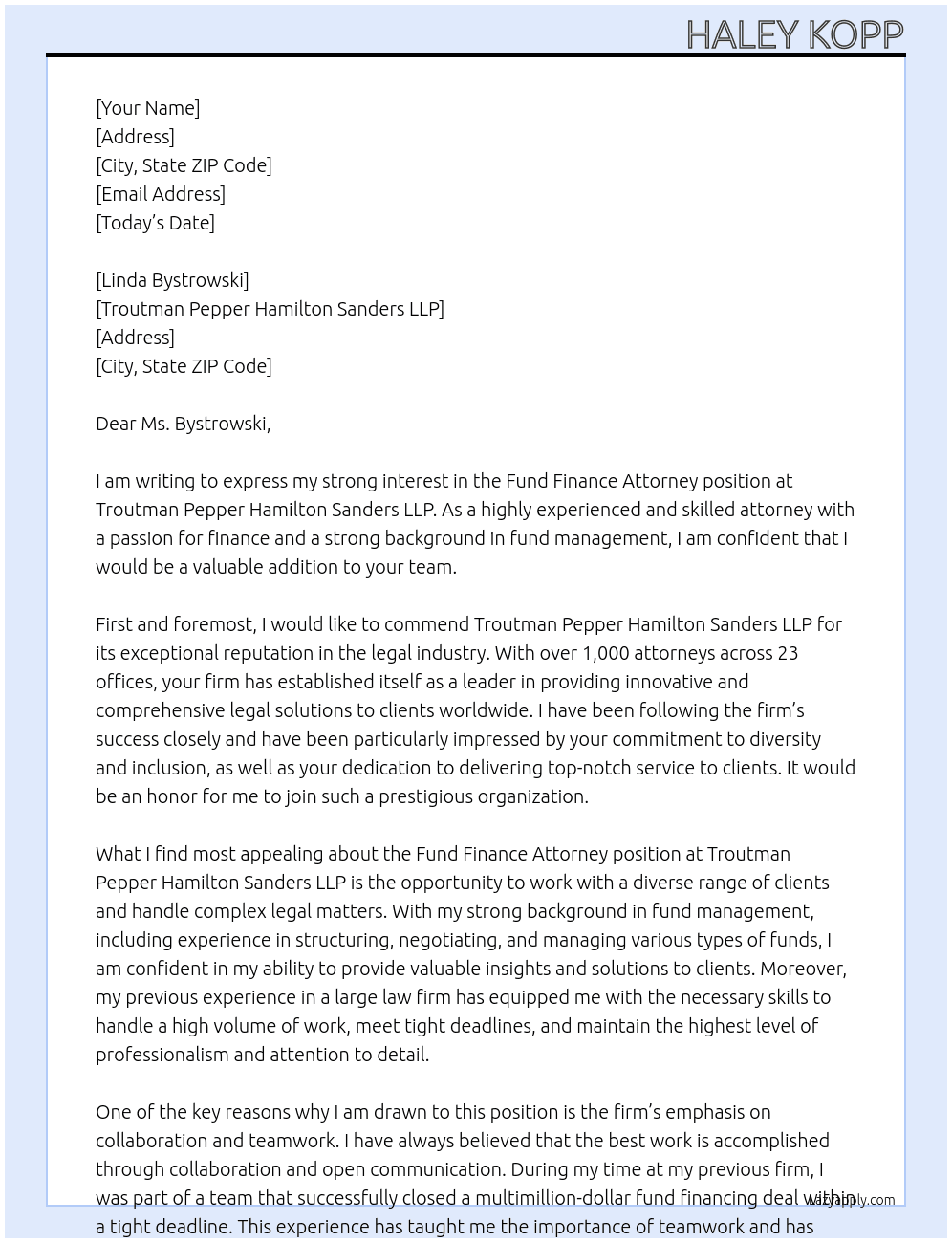 Fund Finance Attorney At Troutman Pepper Hamilton Sanders LLP Cover Letter