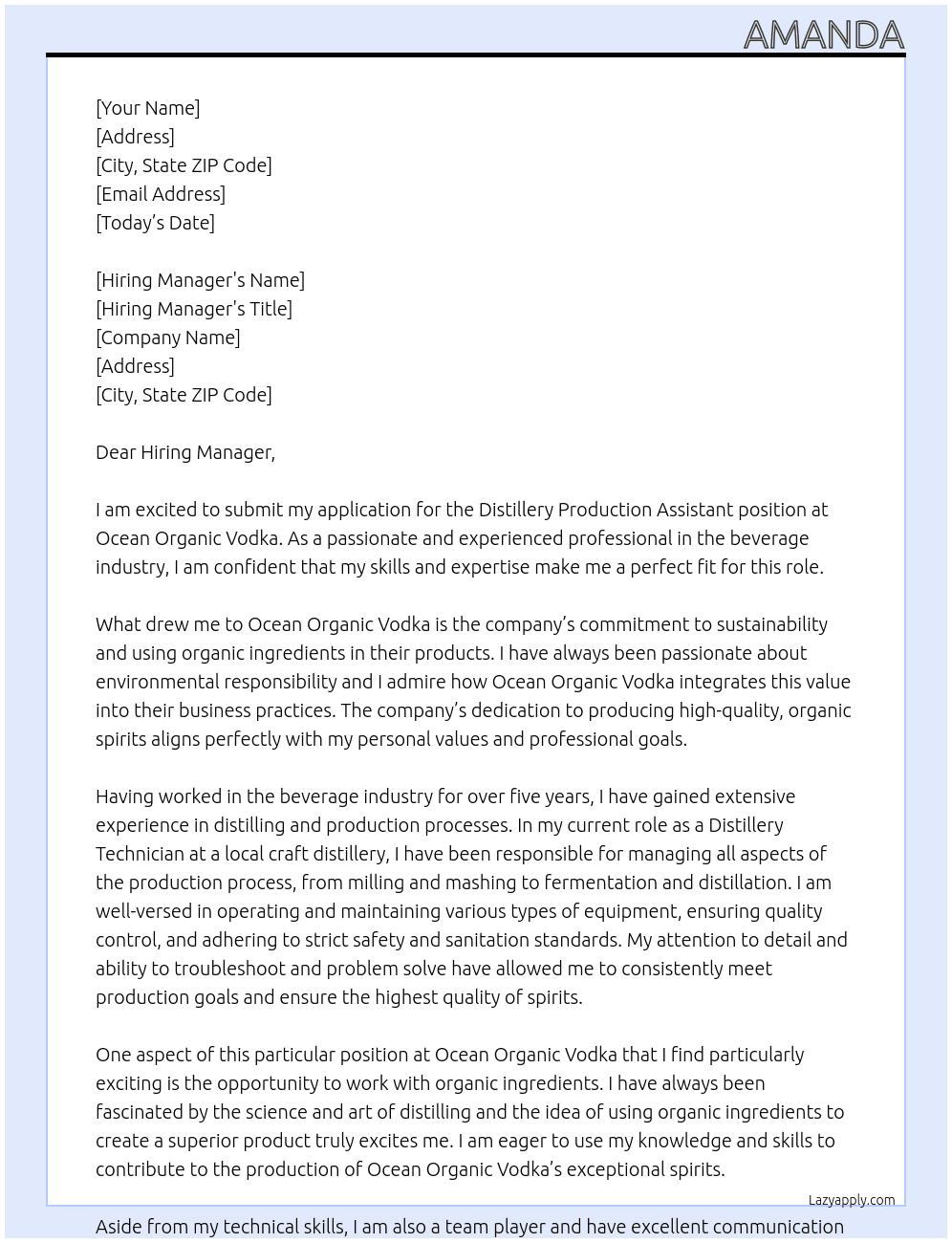 Distillery Production Assistant  At Ocean Organic Vodka Cover Letter