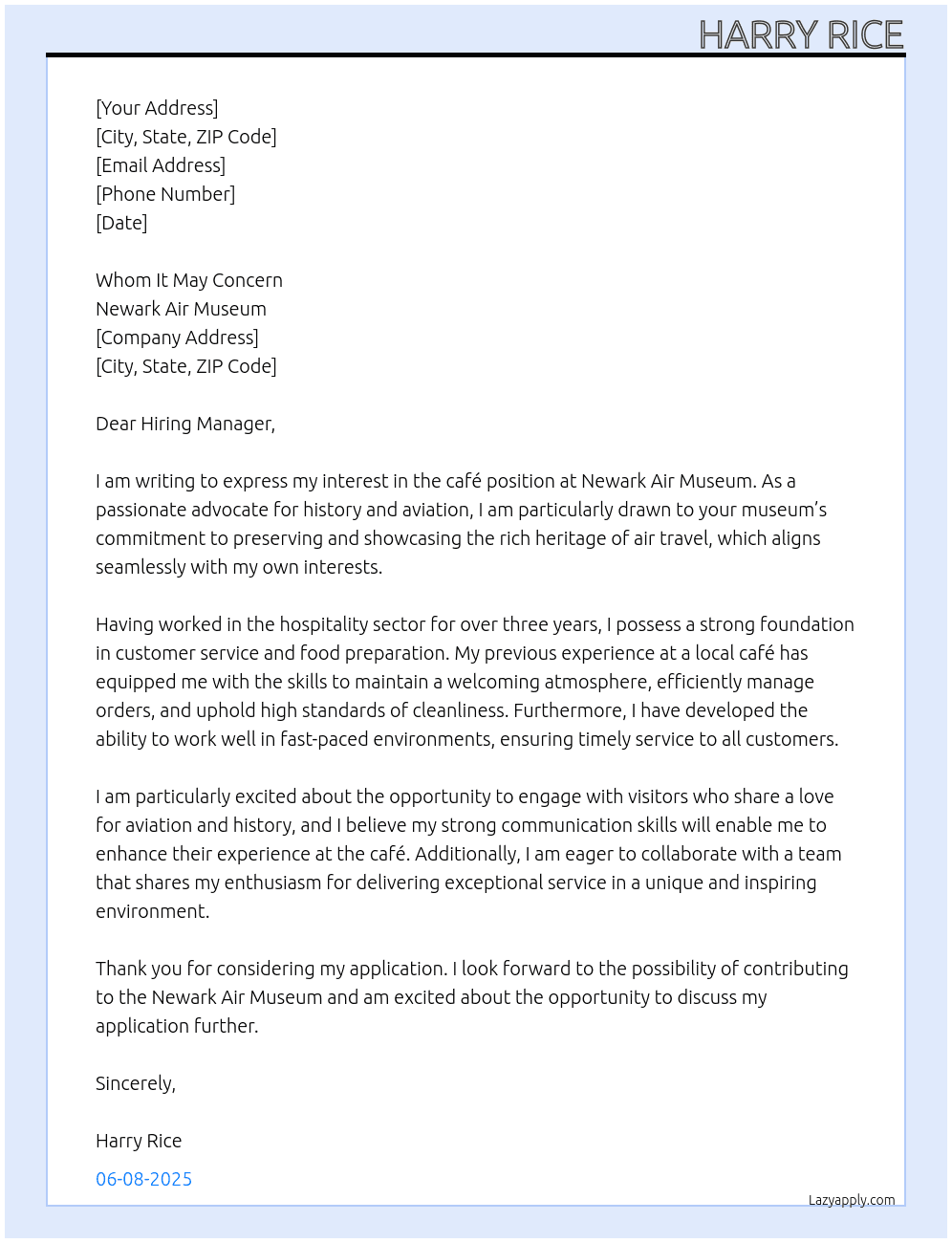 Cafe At Newark air museum Cover Letter