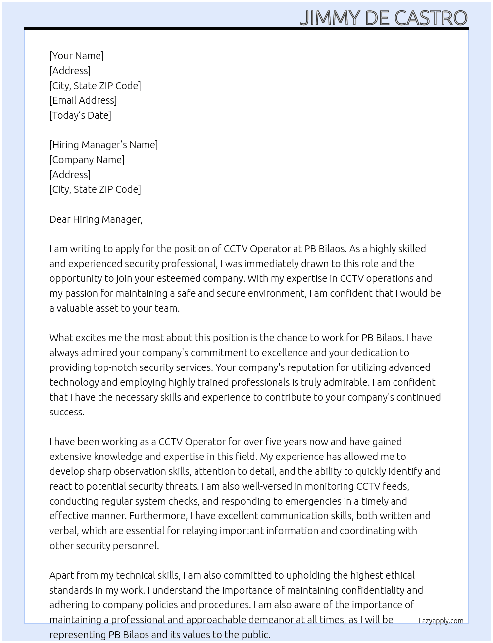 CCTV Operator At PB Bilaos Cover Letter