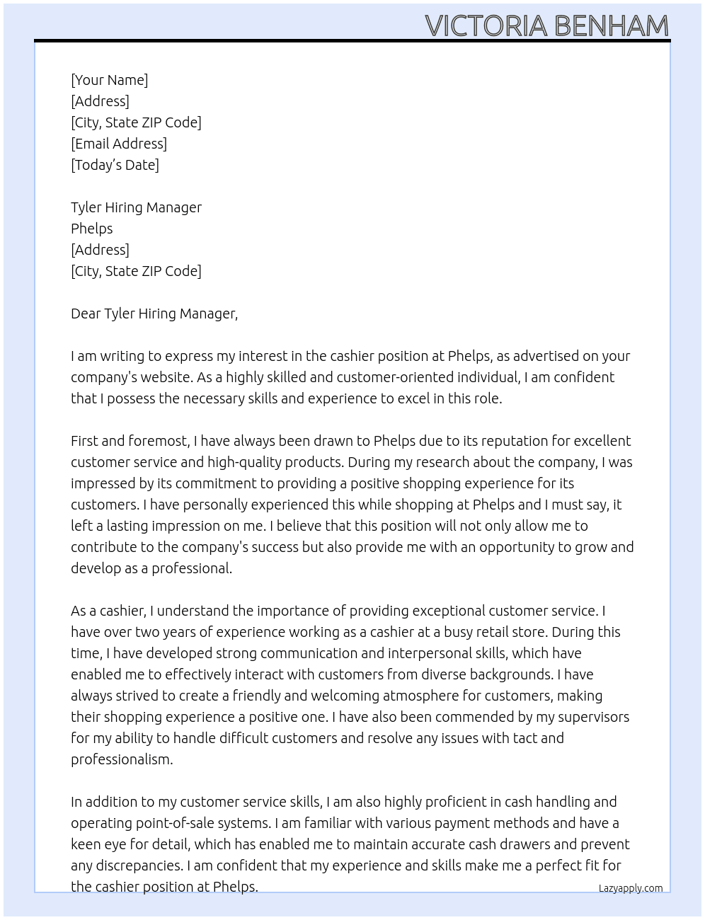 cashier At phelps  Cover Letter