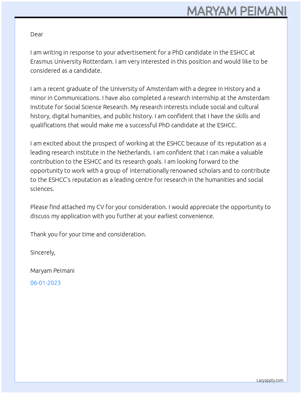 PhD candidate At Erasmus university Rotterdam Cover Letter