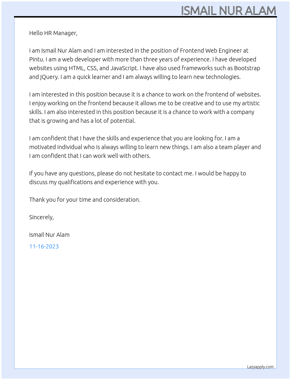 Frontend Web Engineer At Pintu Cover Letter