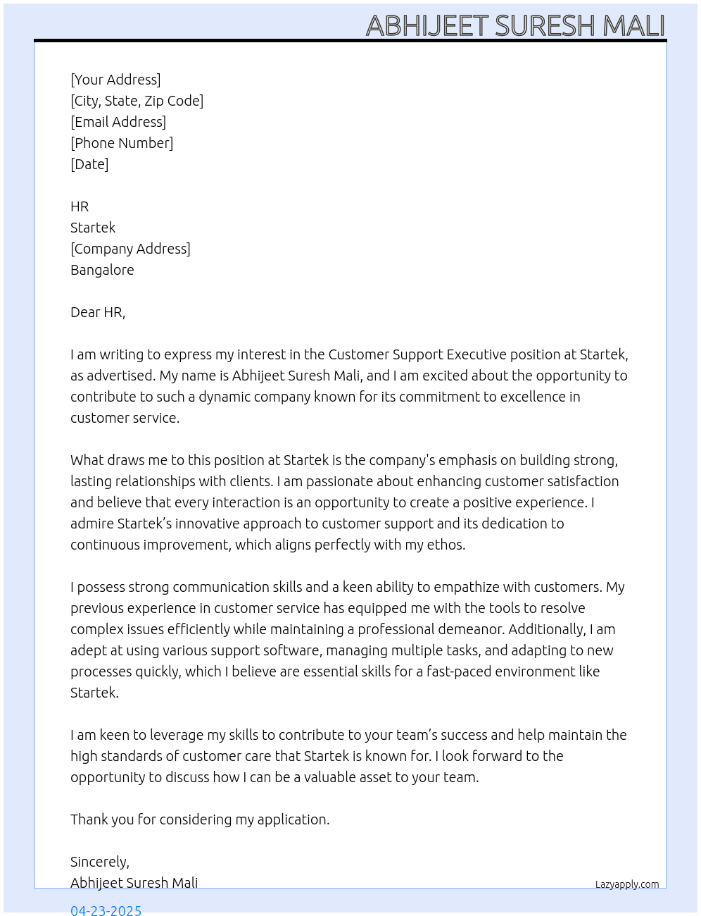 Customer Support Executive At Startek Cover Letter