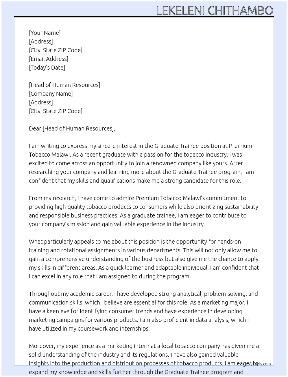 Graduate Trainee At Premium Tobacco Malawi  Cover Letter
