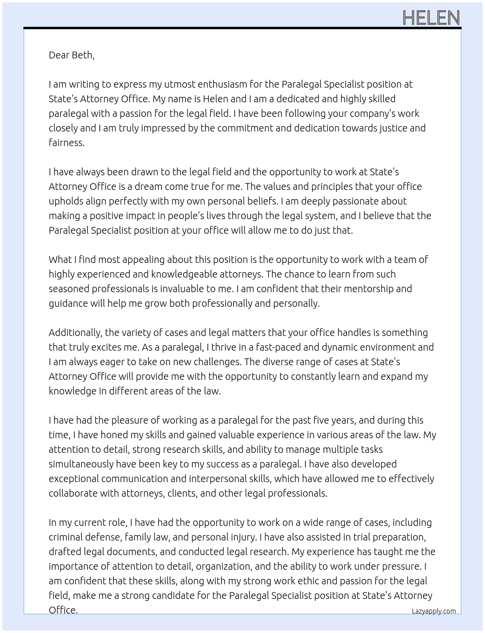 Paralegal Specialist At state's attorney office Cover Letter