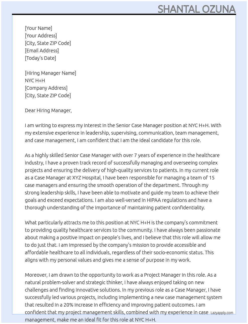 Senior case manager  At NYC H+H Cover Letter