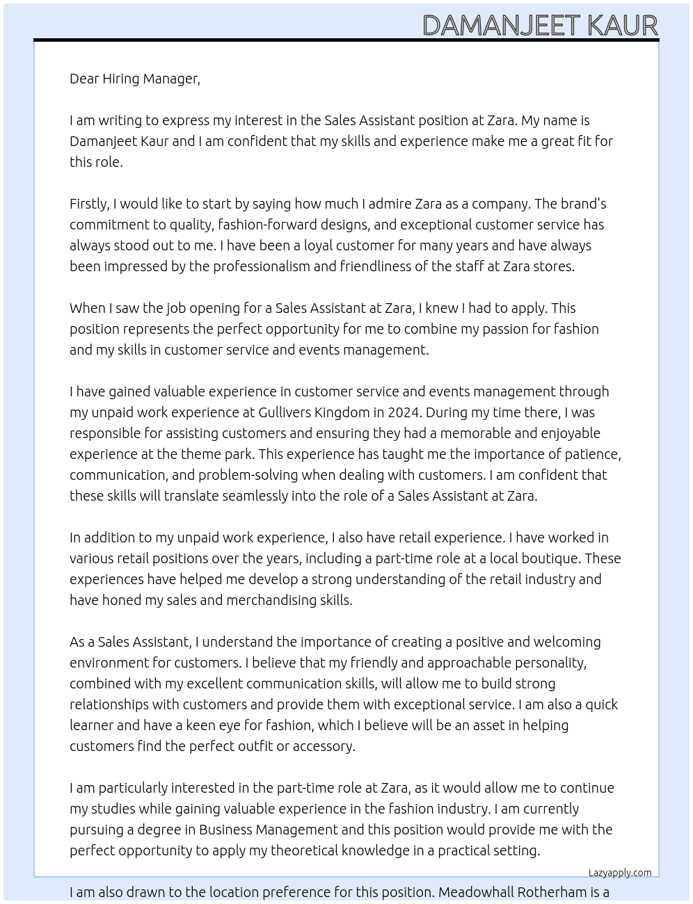 Sales assistant  At Zara Cover Letter
