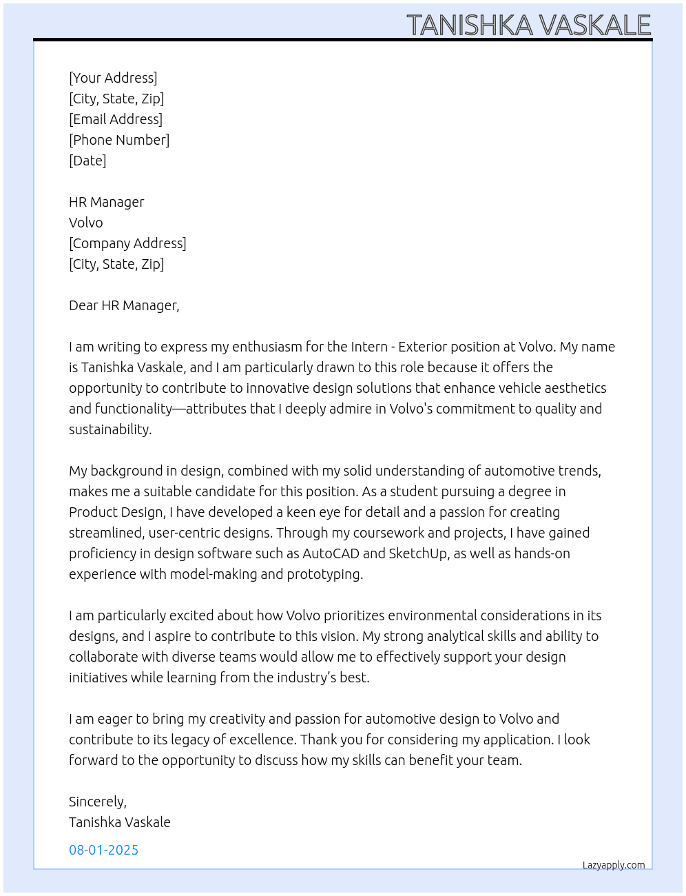 Intern - Exterior At Volvo Cover Letter