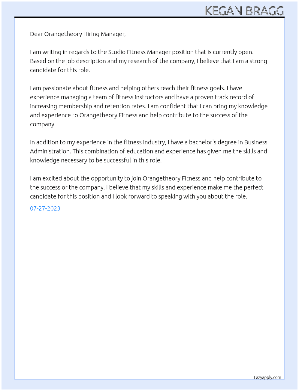 Studio Fitness Manager At Orangetheory Fitness Cover Letter