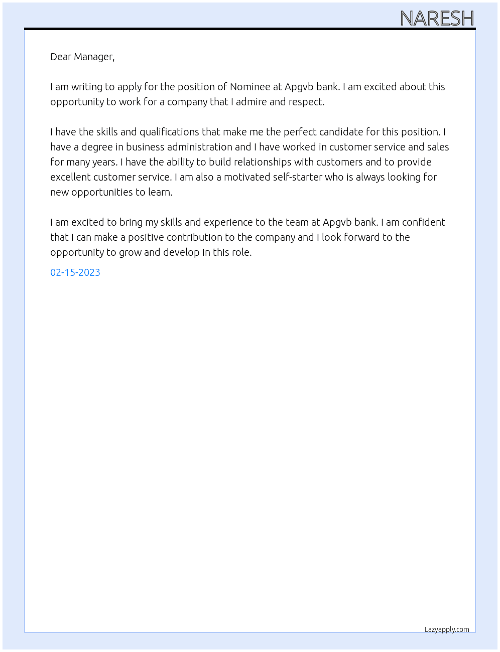 Nominee At Apgvb bank Cover Letter