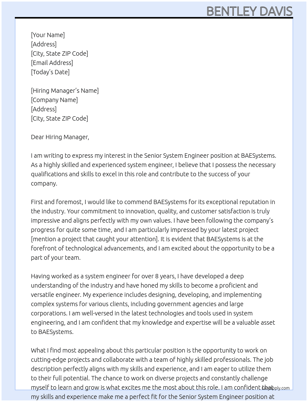 Senior System Engineer At BAESystems Cover Letter