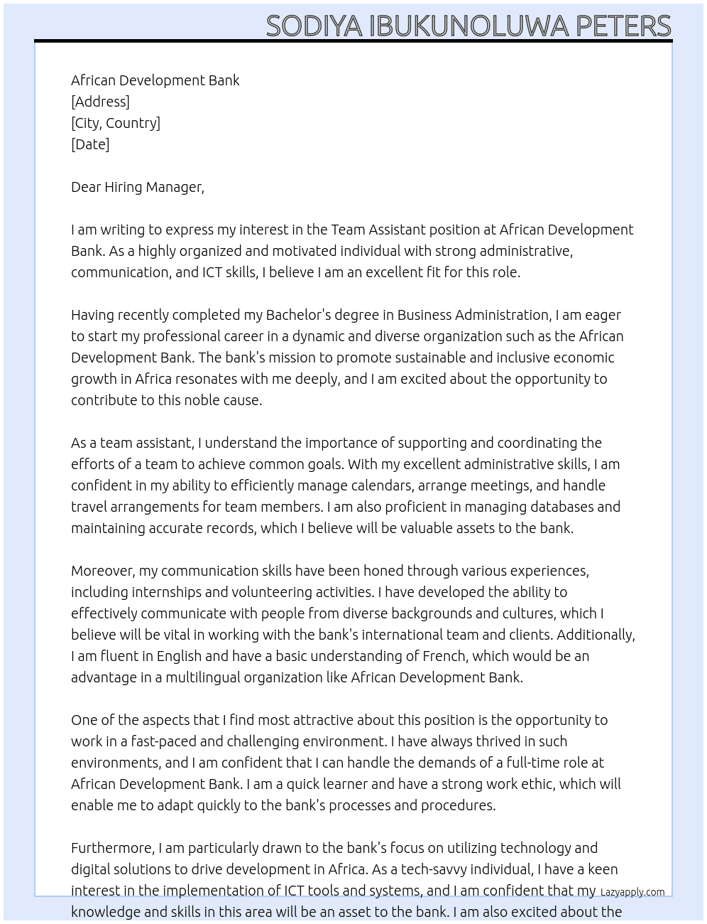 Team Assistant At AFRICAN DEVELOPMENT BANK Cover Letter