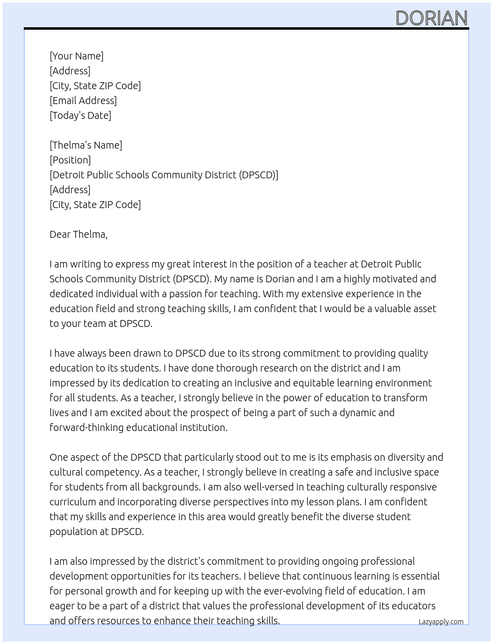 teacher At dpscd Cover Letter