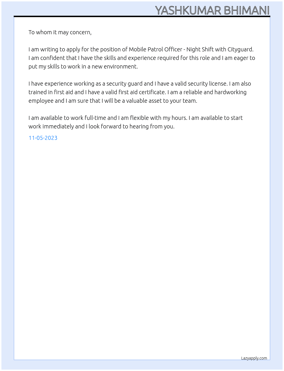 Mobile Patrol Officer - Night Shift At Cityguard Cover Letter