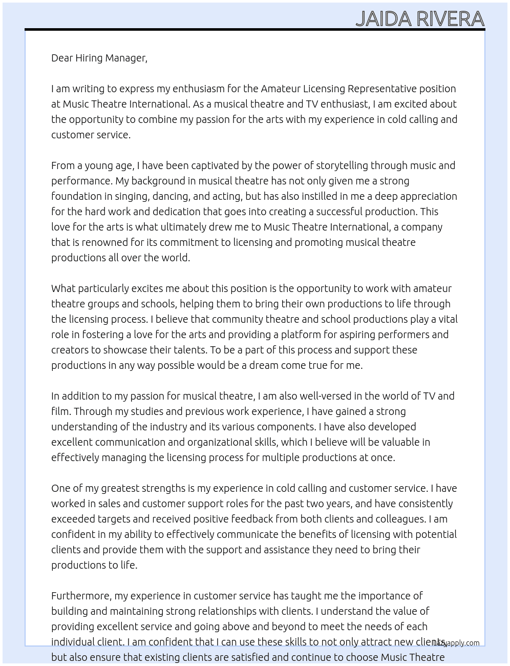 Amateur Licensing Representative  At Music Theatre International Cover Letter
