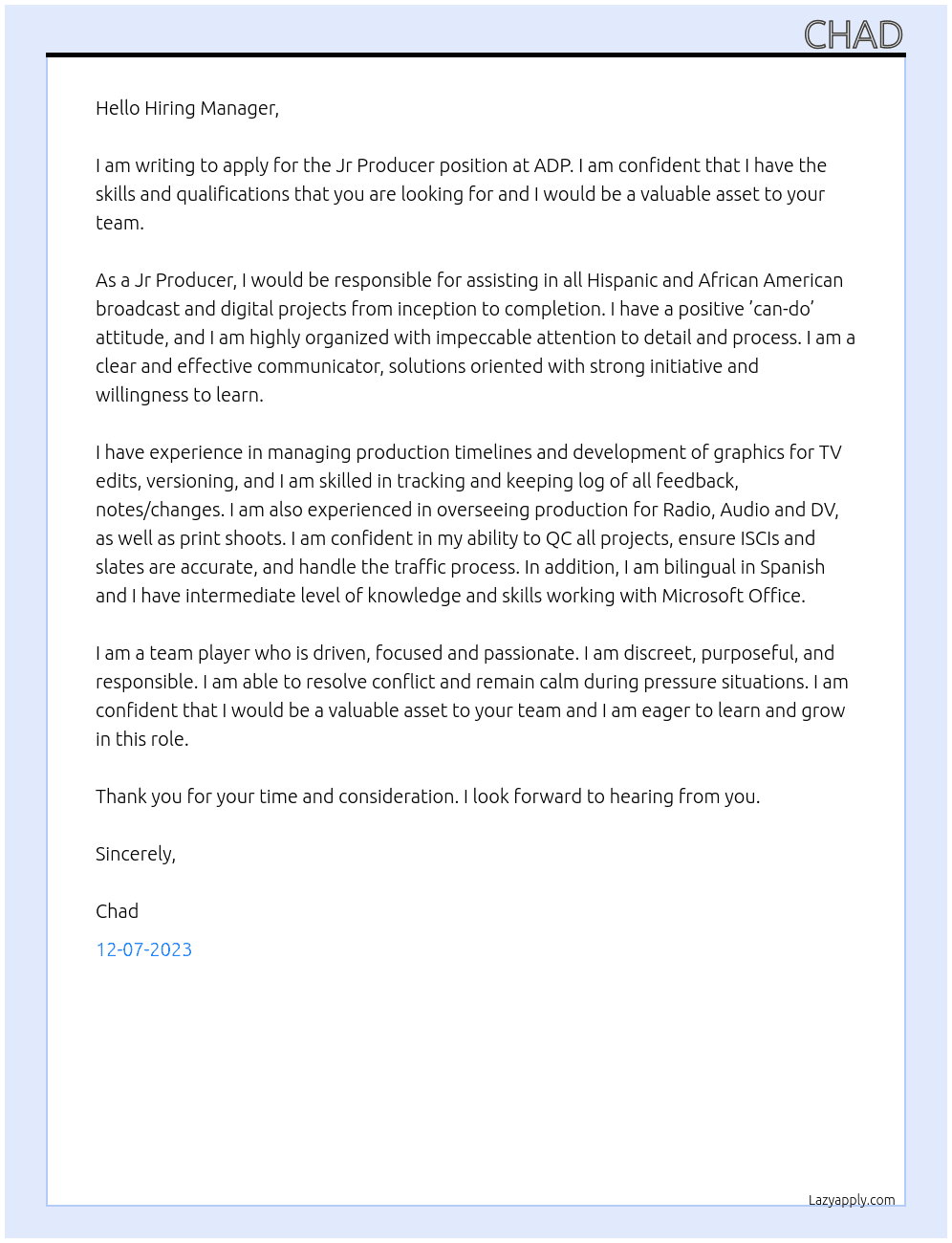 Jr Producer At ADP Cover Letter