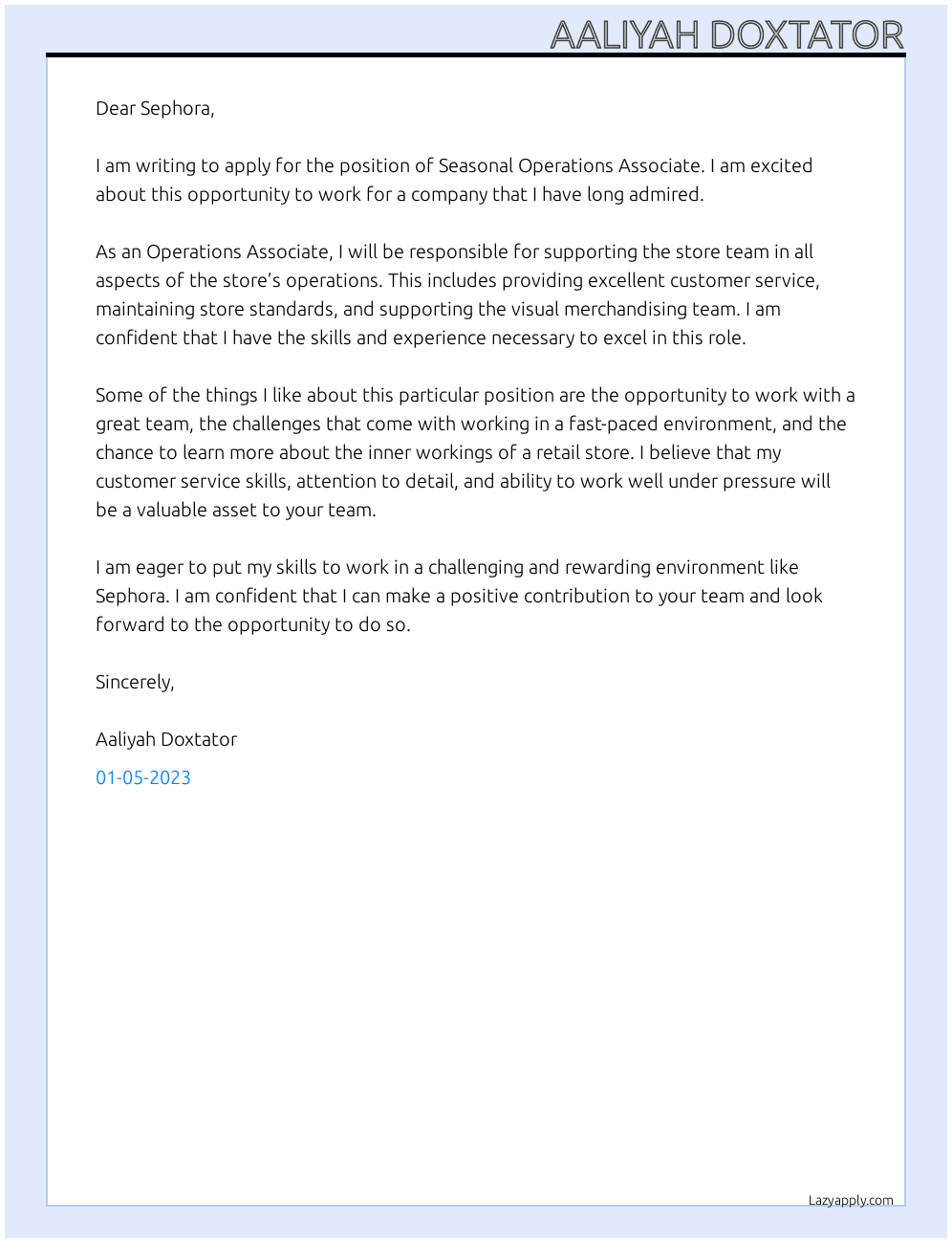 Cover letter for seasonal operations associate - LazyApply
