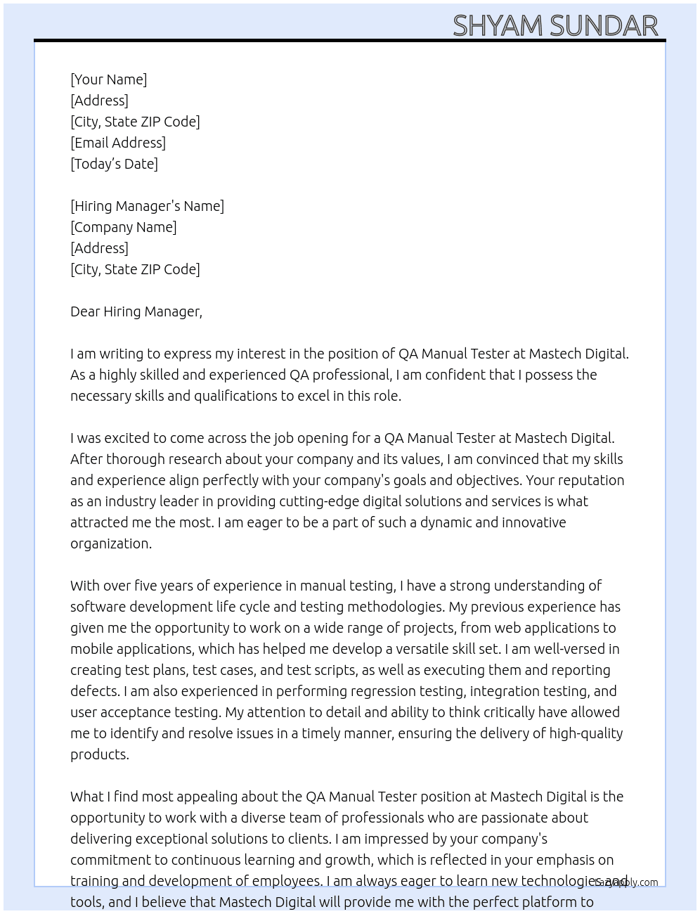 Qa manual tester  At Mastech digital  Cover Letter