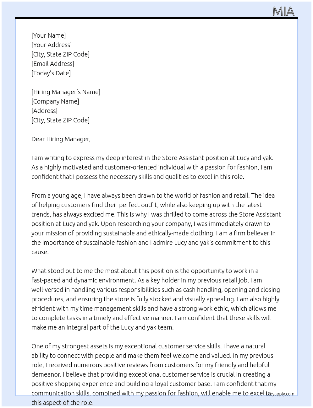 Store assistant  At Lucy and yak Cover Letter