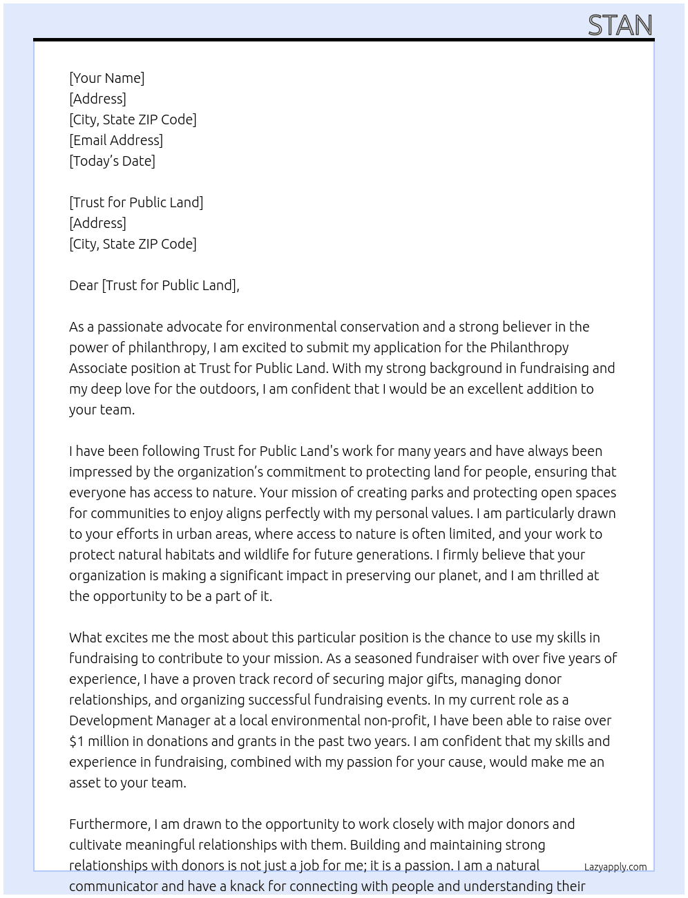 Philanthropy Associate At Trust for Public Land Cover Letter
