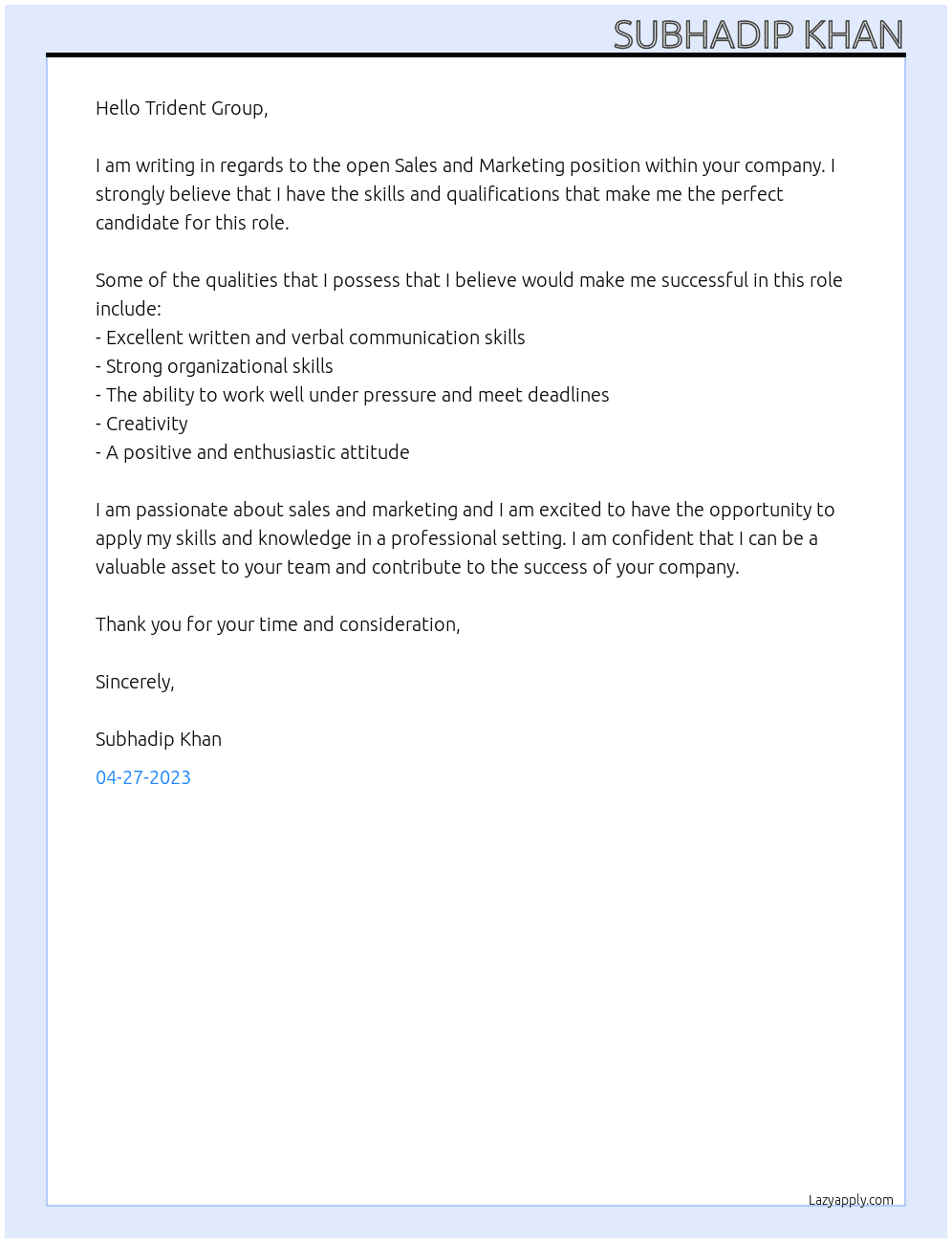 Sales and Marketing At Trident group Cover Letter