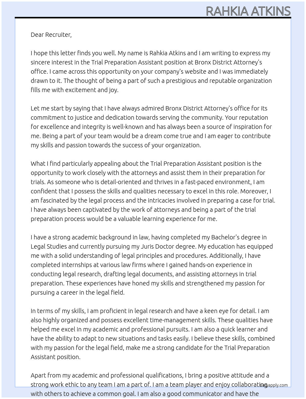 trial preparation assistant  At Bronx District Attorney Cover Letter