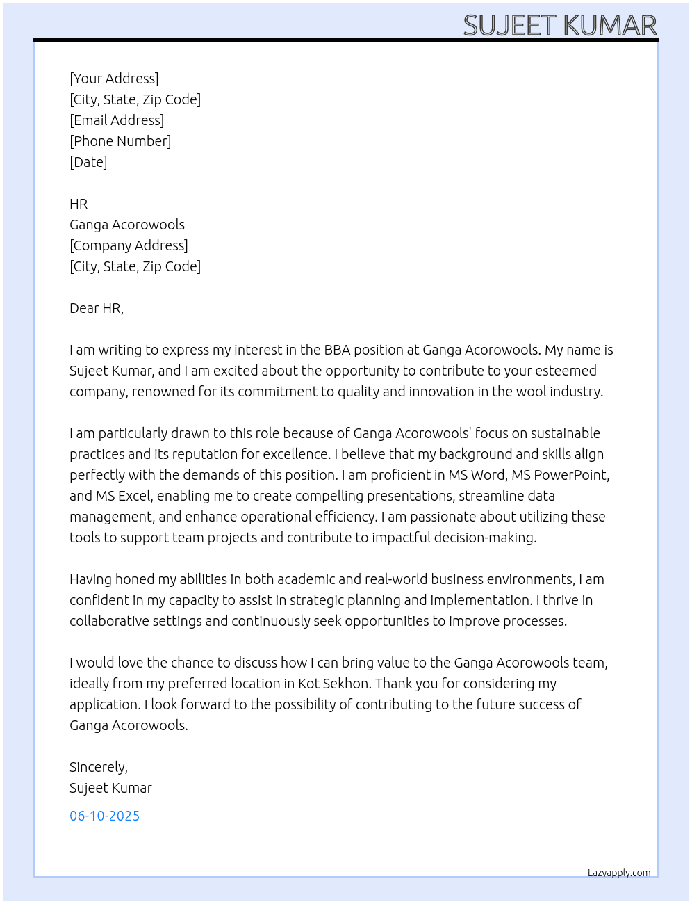 BBA  At Ganga Acorowools Cover Letter