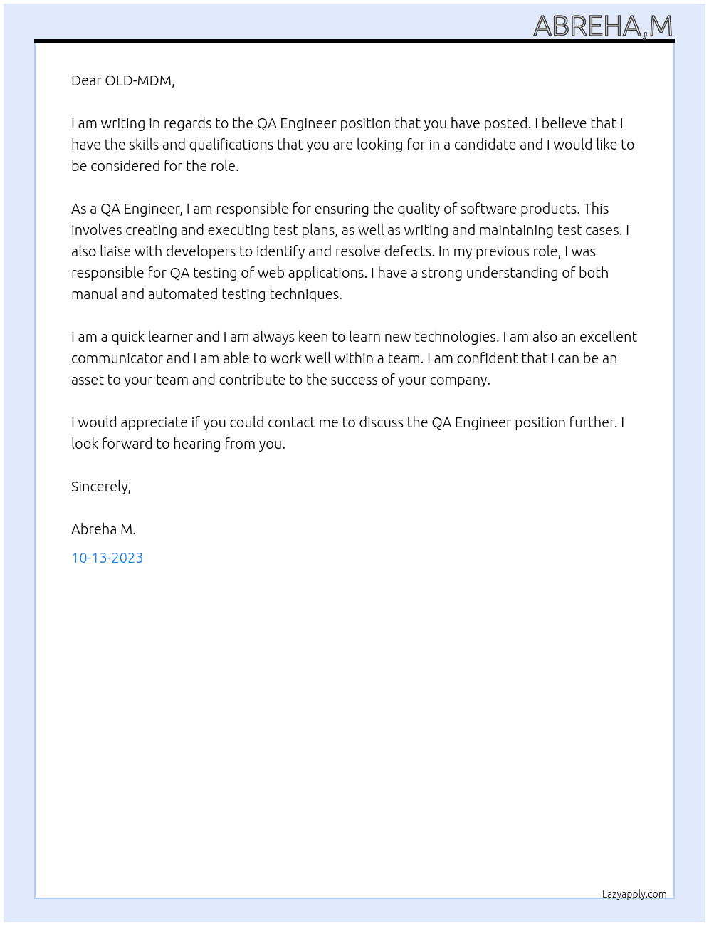 qa engineer At OLD-MDM Cover Letter