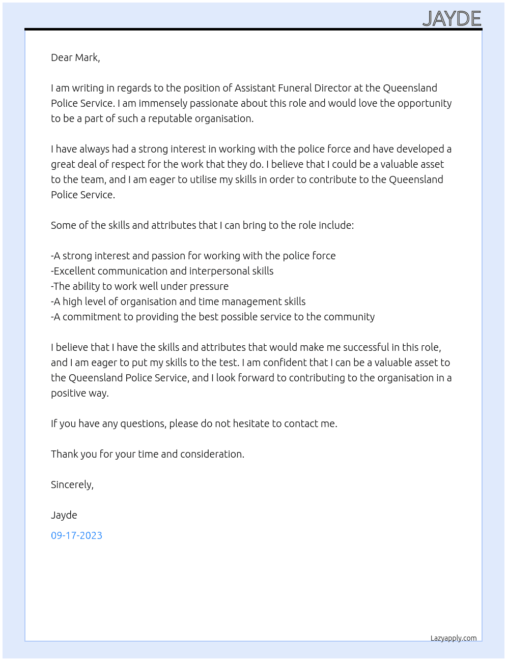 Assistant Funeral Director At Queensland Police Service Cover Letter